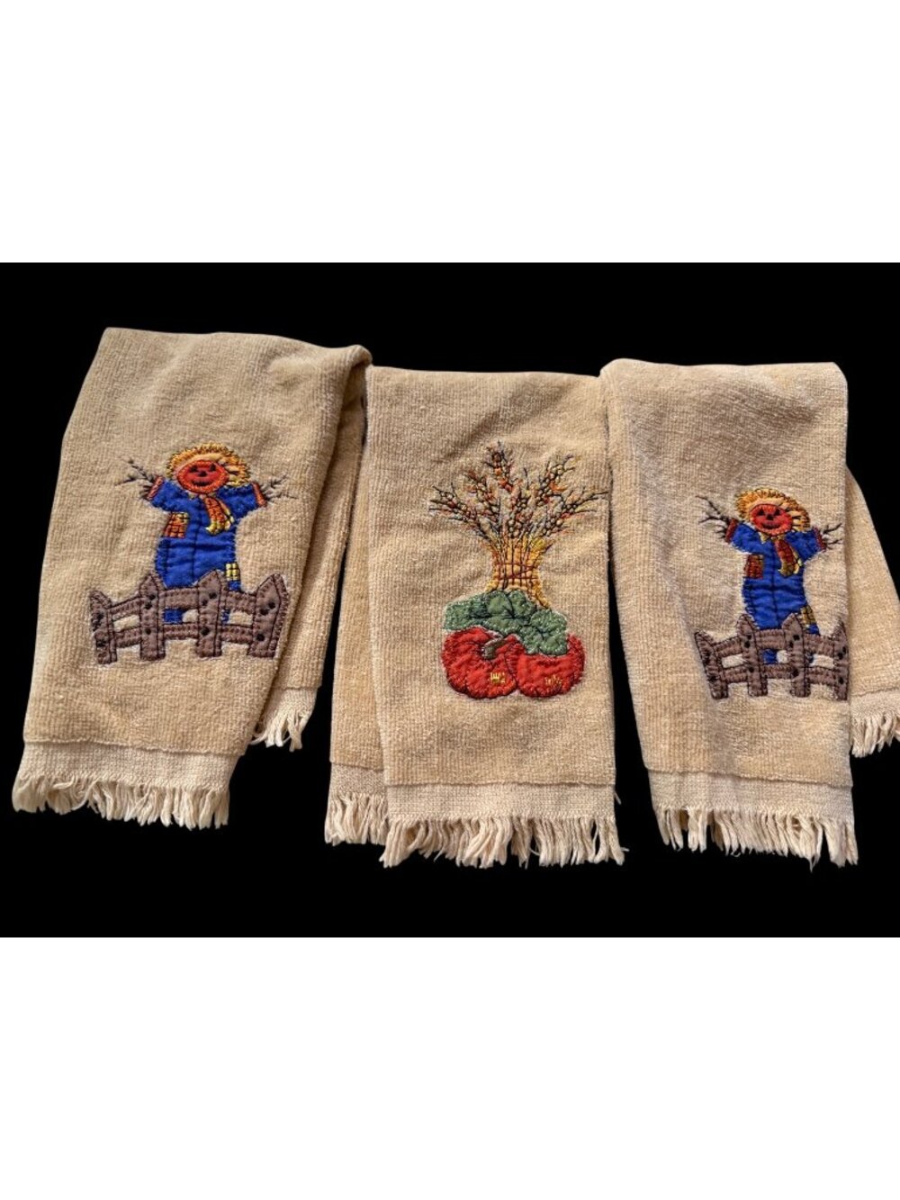 Vintage 3 Embroidered Cotton Hand Towels Scarecrow Pumpkin Fall Bathroom decor